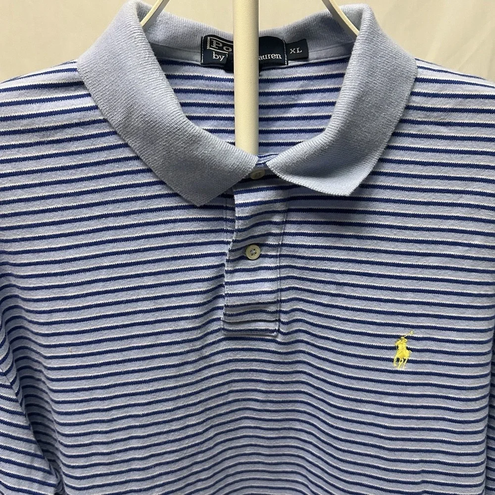 Polo‎ Ralph Lauren Polo Shirt Men's XL Blue Striped Short Sleeve Yellow Pony